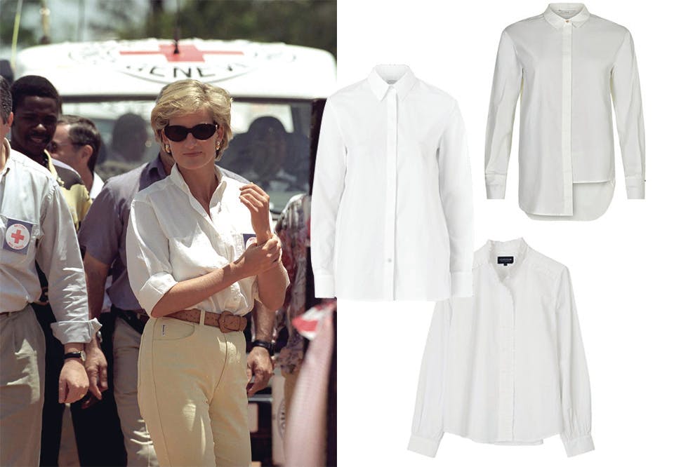 den hvite skjorten x22 Prinsesse Diana Angola minerydding hvit skjorte chinos mørke solbriller tiger of sweden nümph lexington